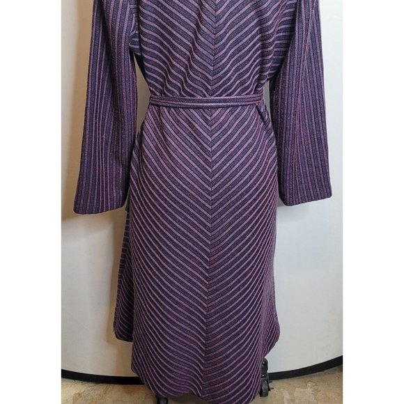 Vintage Shirt Dress Amy Adams Stripe Belted Tie Neck Collared Purple Black 60s - Picture 8 of 9